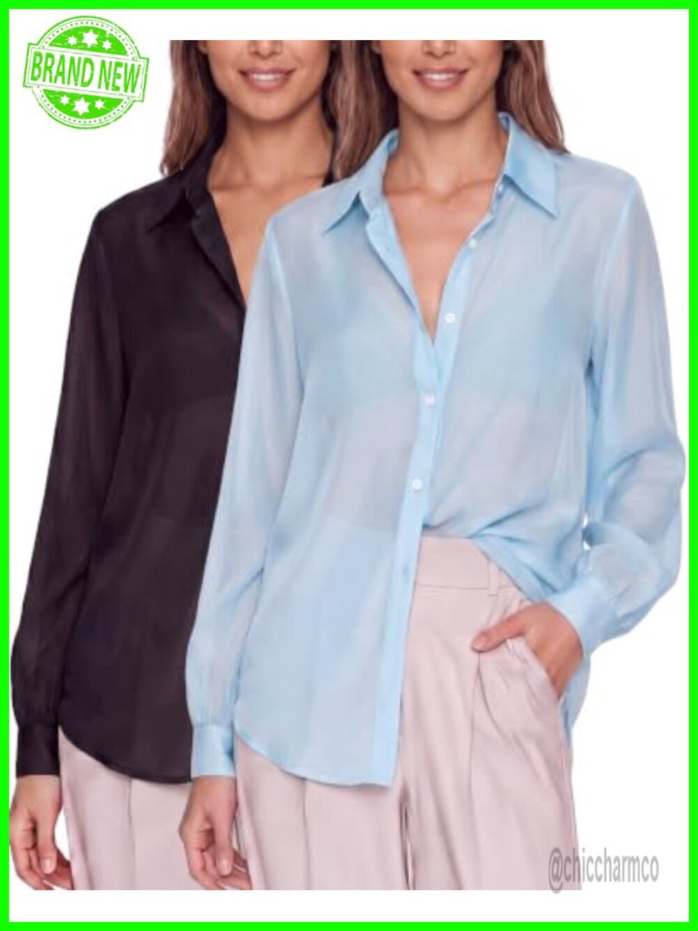 2 Pack Sheer Polyester Button Down Blouses Long Sleeve Women